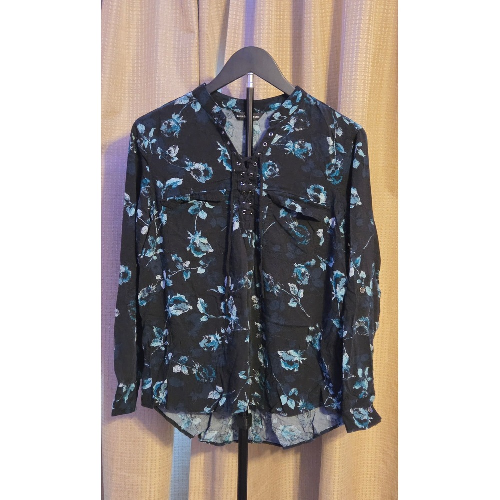 Rock & Republic Long Sleeve Floral Print Lace Up Blouse Women's Size Large